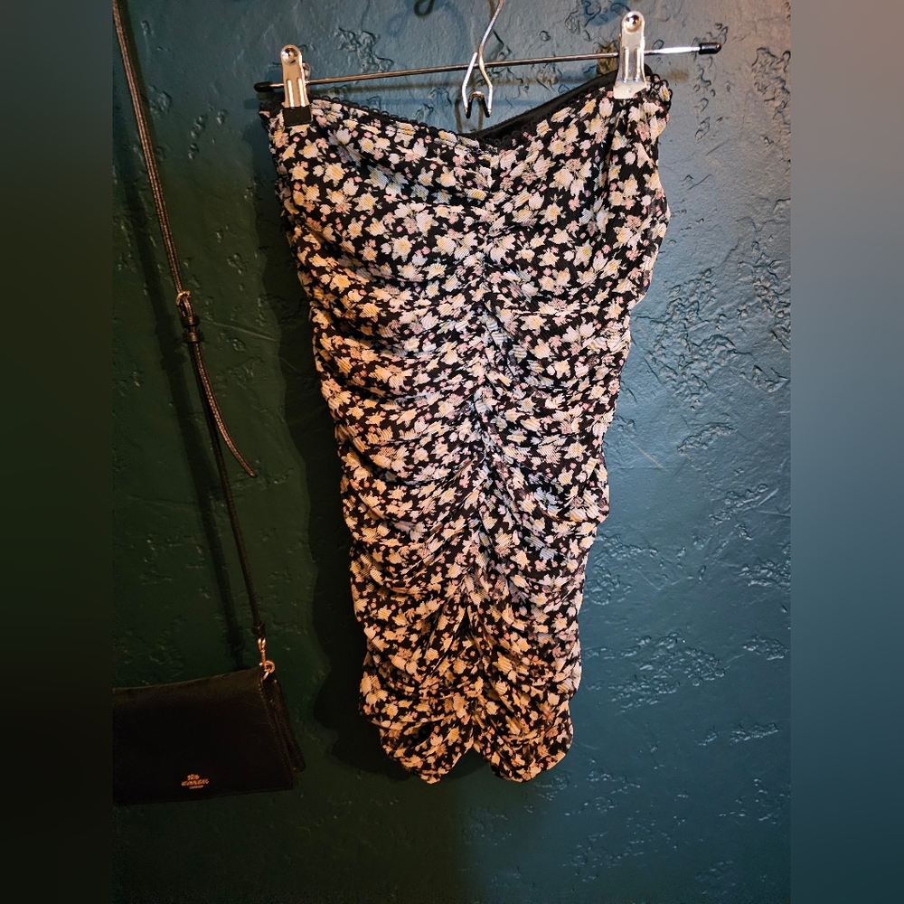 Floral Ruched Women's Skirt - Black with Pink/White Floral